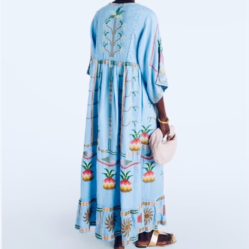 NEW FARM Rio Embroidered Pineapple Maxi Dress Beaded Tassel Linen Blue Size M - Picture 7 of 16